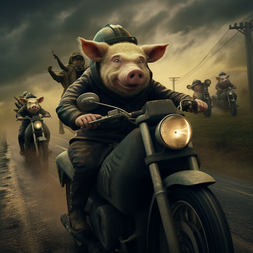 Pigs riding motorbikes through stormy weather