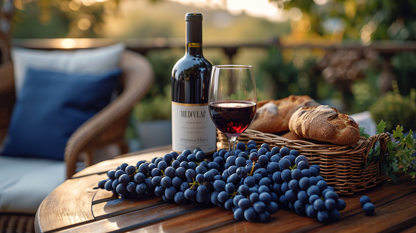 Grapes, Bottle, Glasses, Bread on Terrace