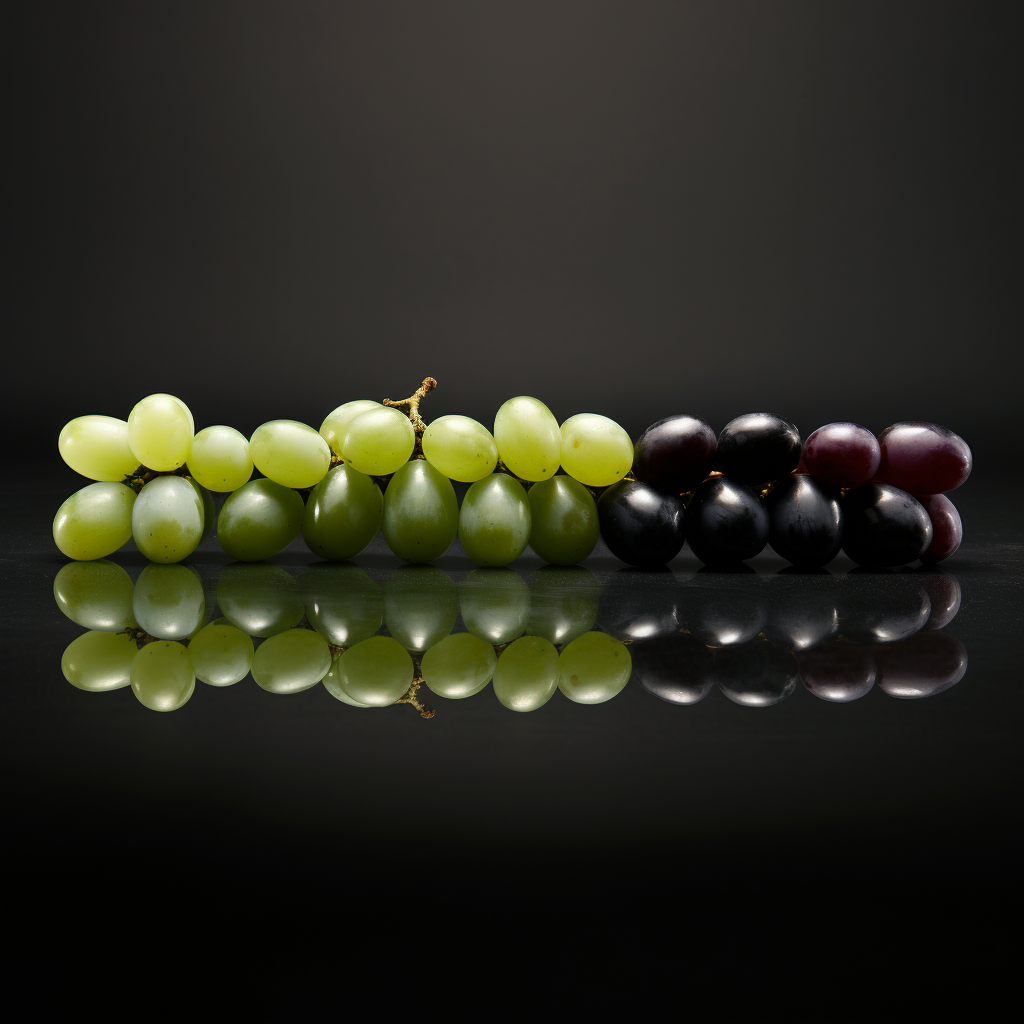 Eleven grapes and a green olive on a black table