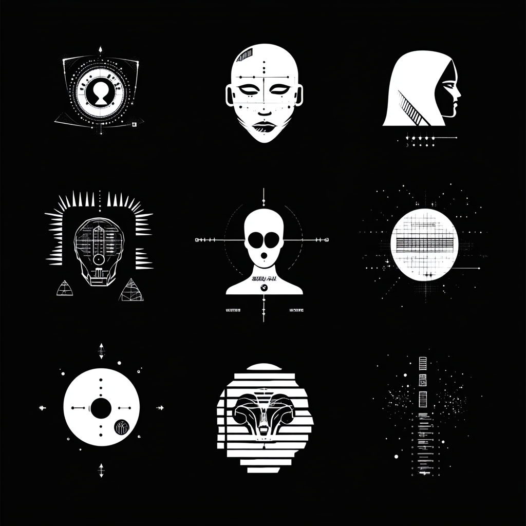 Graphic white icons on black background