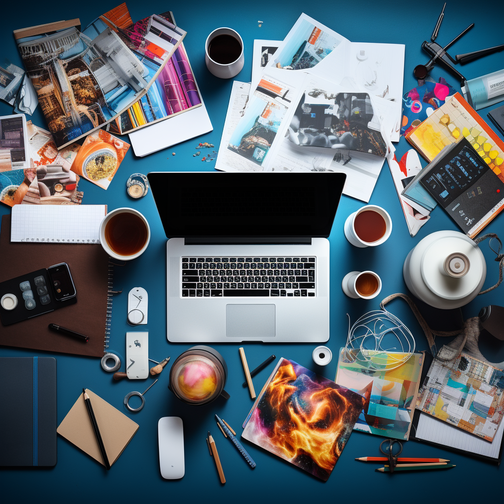 Graphic designer's desk with tools and inspiration