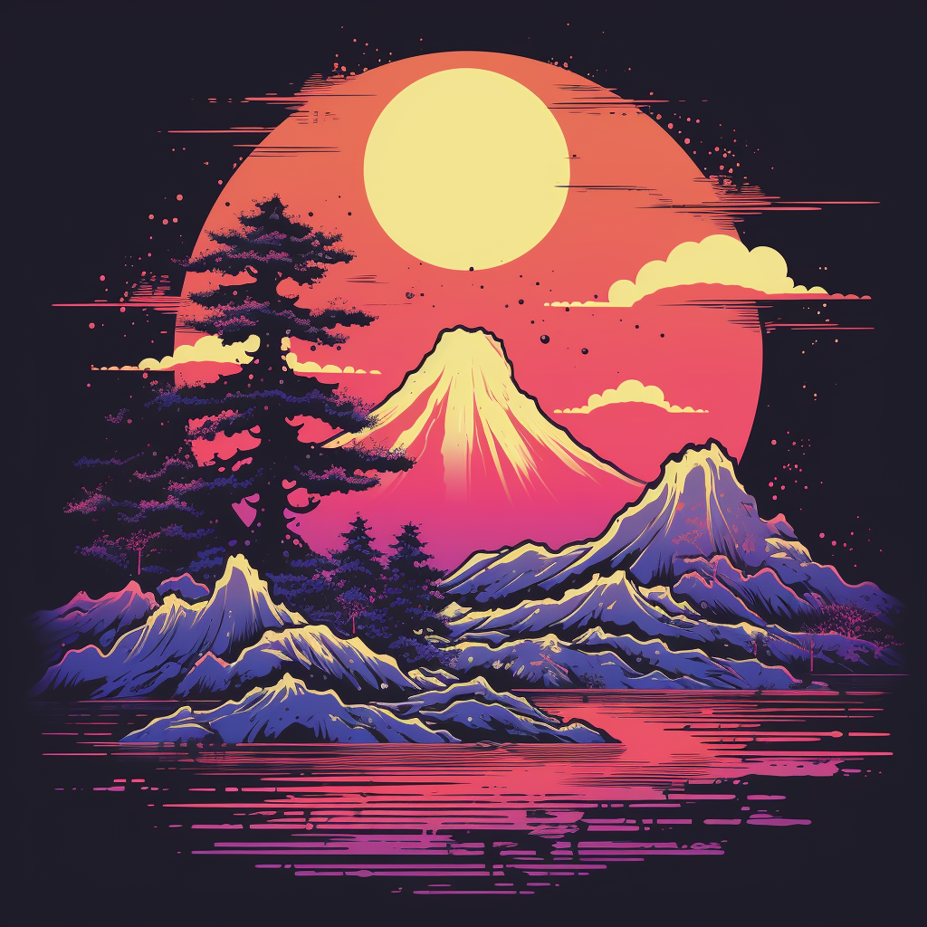 Stylish graphic tshirt design with Japanese retrowave theme