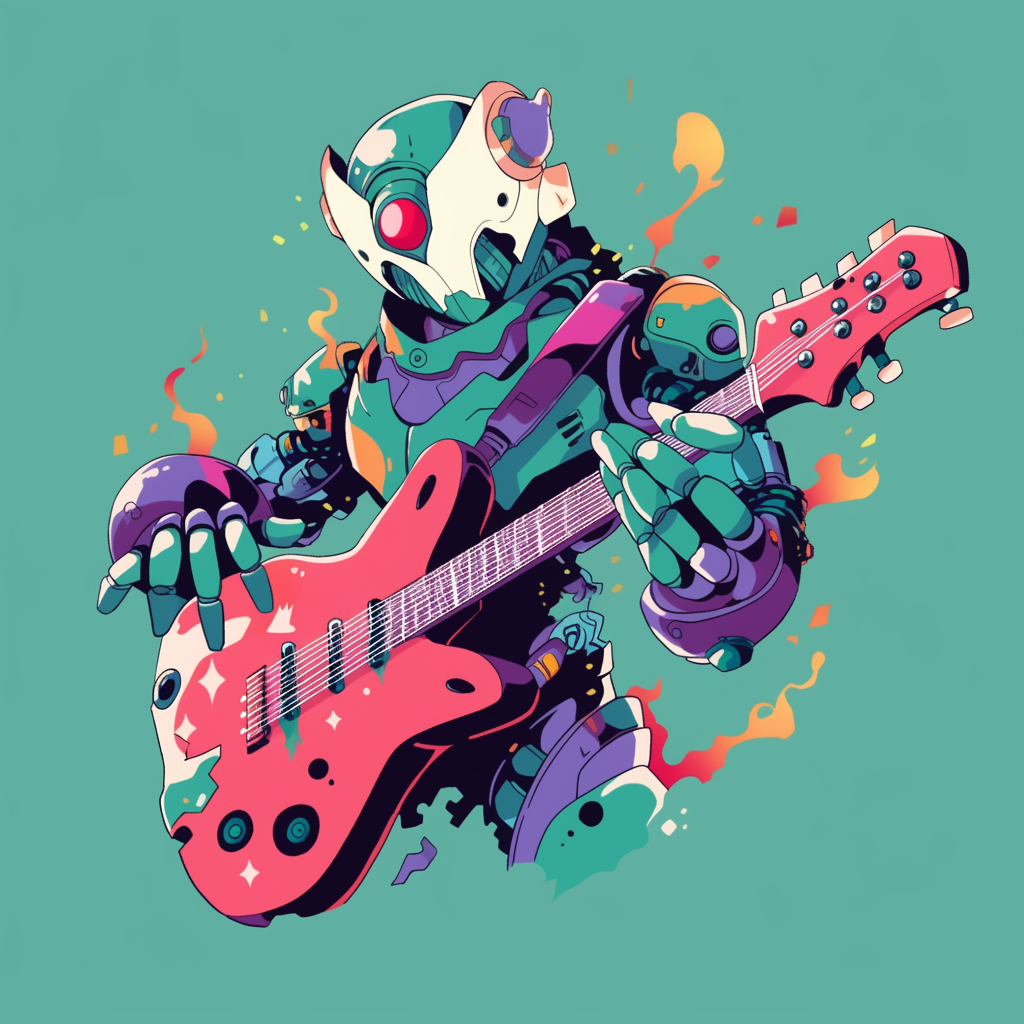 Colorful robot playing guitar on t-shirt