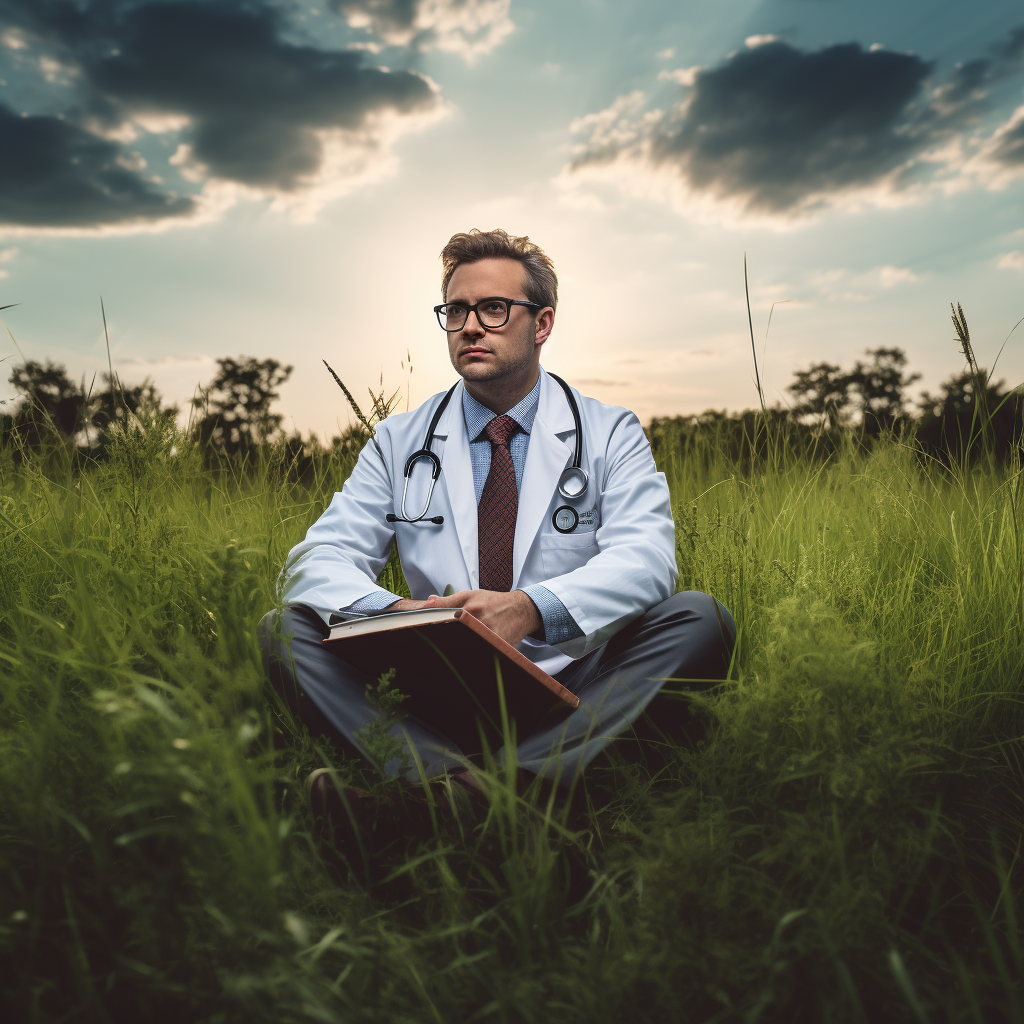 Doctor in grass field watching camera