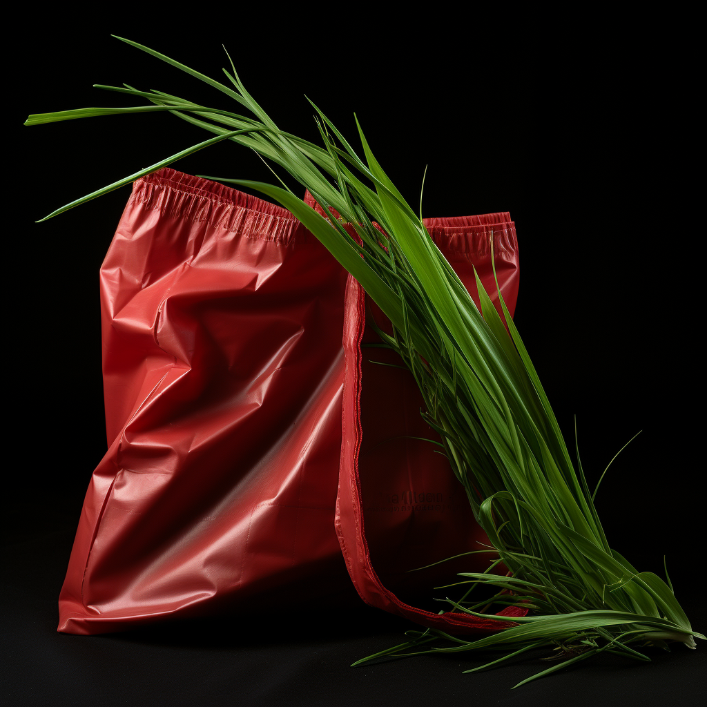 Grass on red bag from an oblique angle