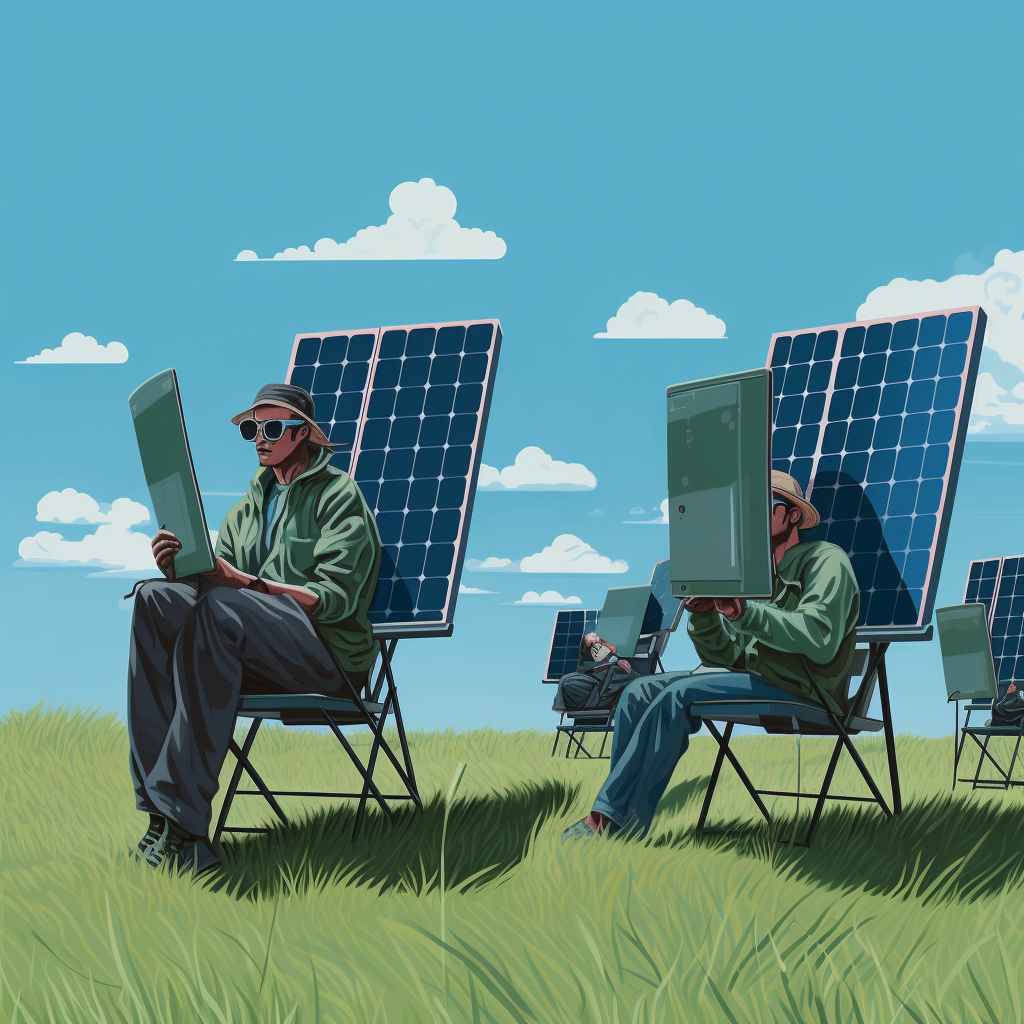 Photovoltaic technicians resting on grass