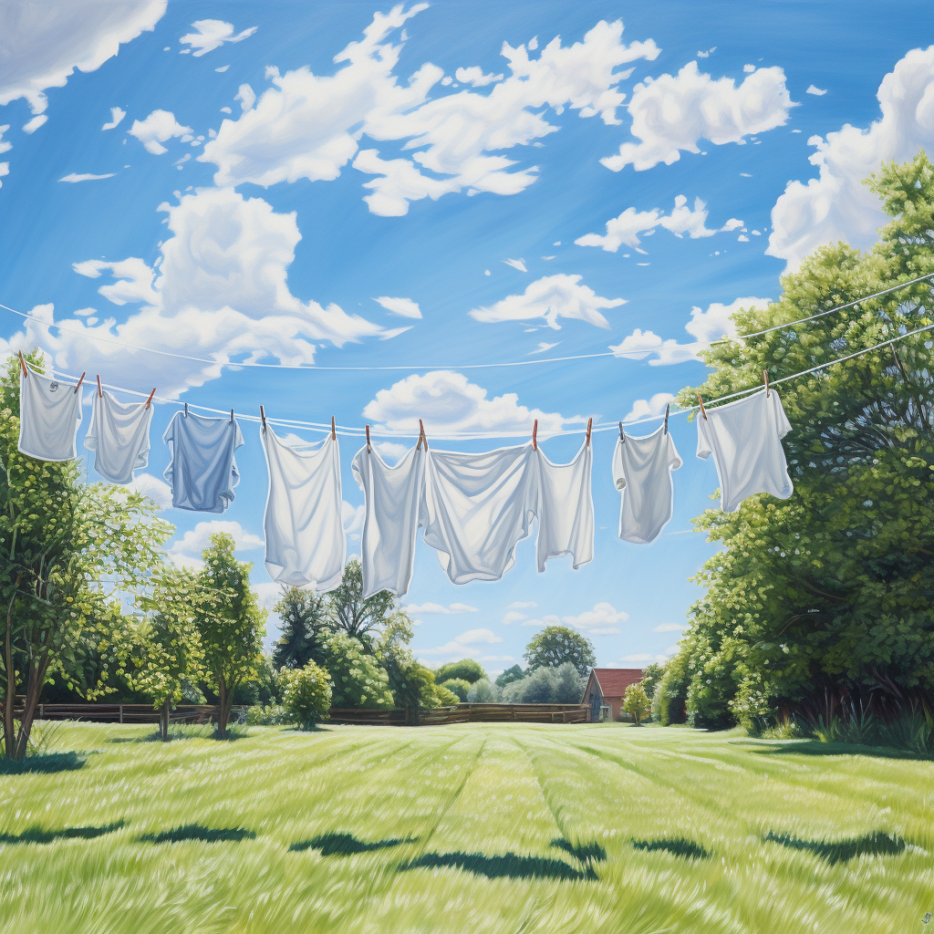 Grassy backyard with clean white sheets under a blue sky and fluffy clouds