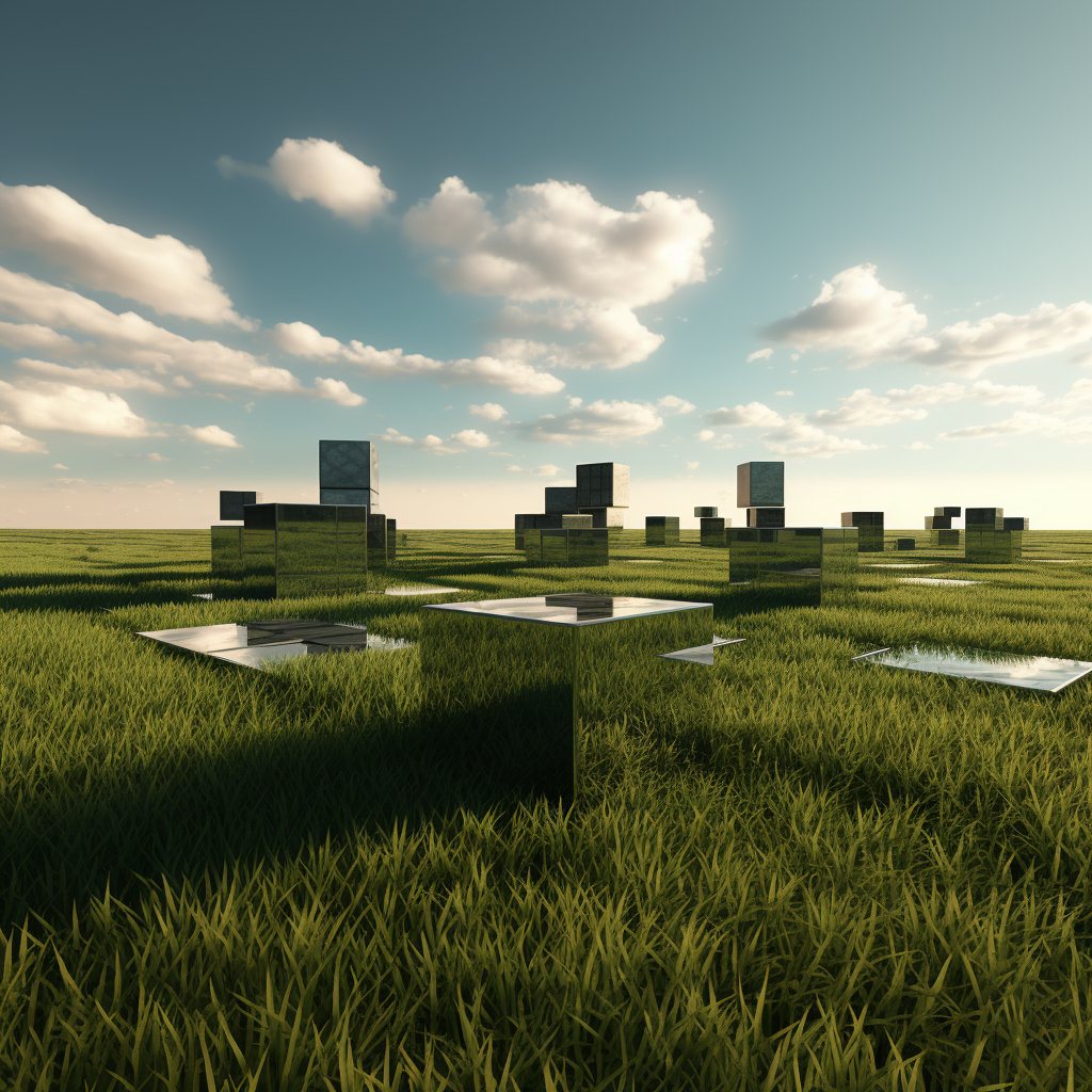 Colorful grassy field with cubic blocks