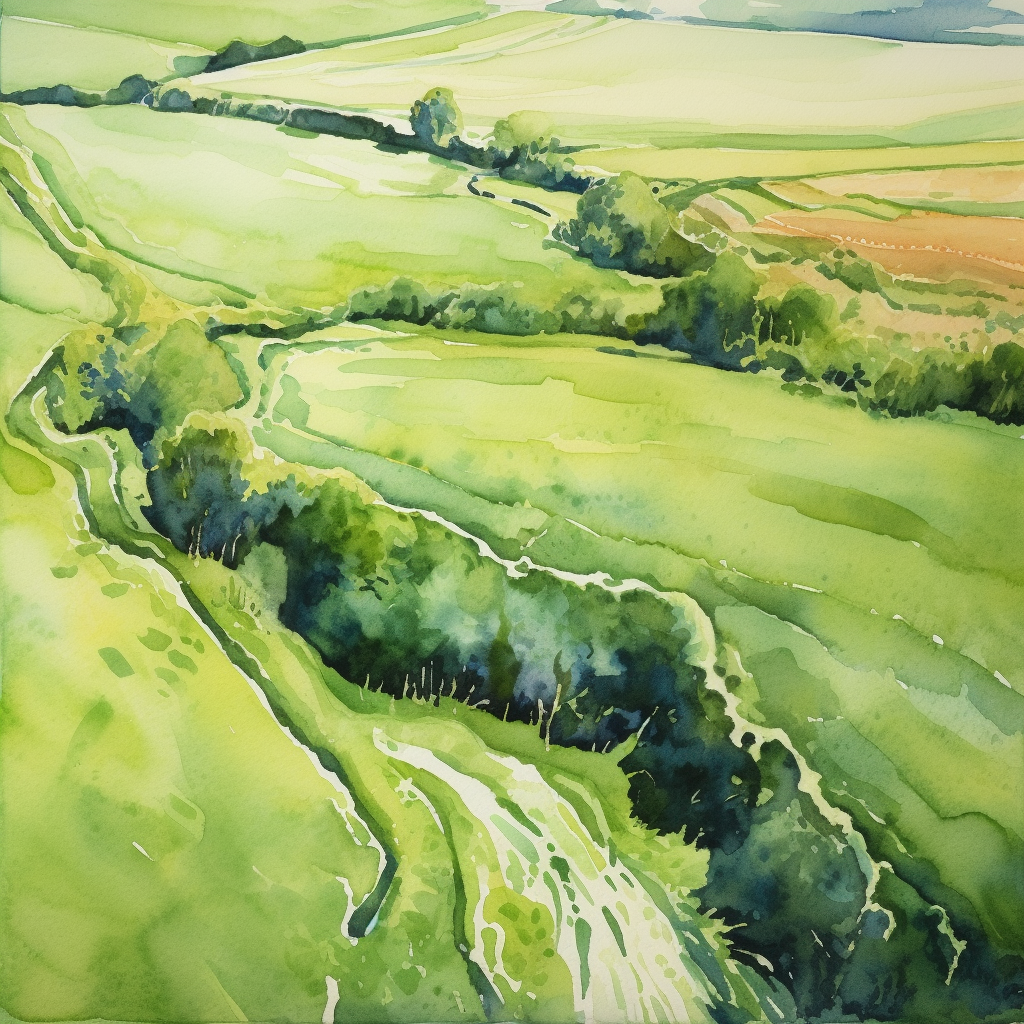 Watercolor of Grassy Fields from Above