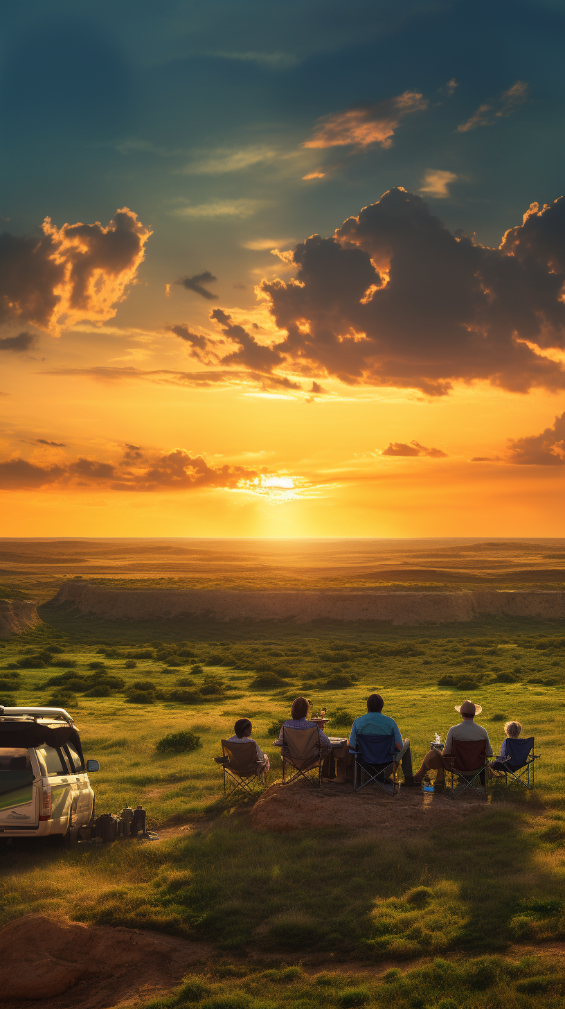 Family enjoying a campsite on a grassy mesa