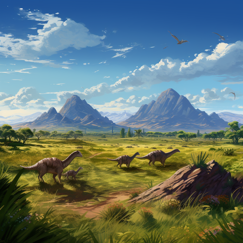 Dinosaurs grazing on a grassy plain