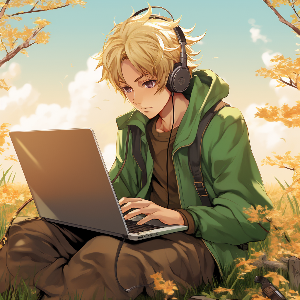 Anime PC gamer in grass