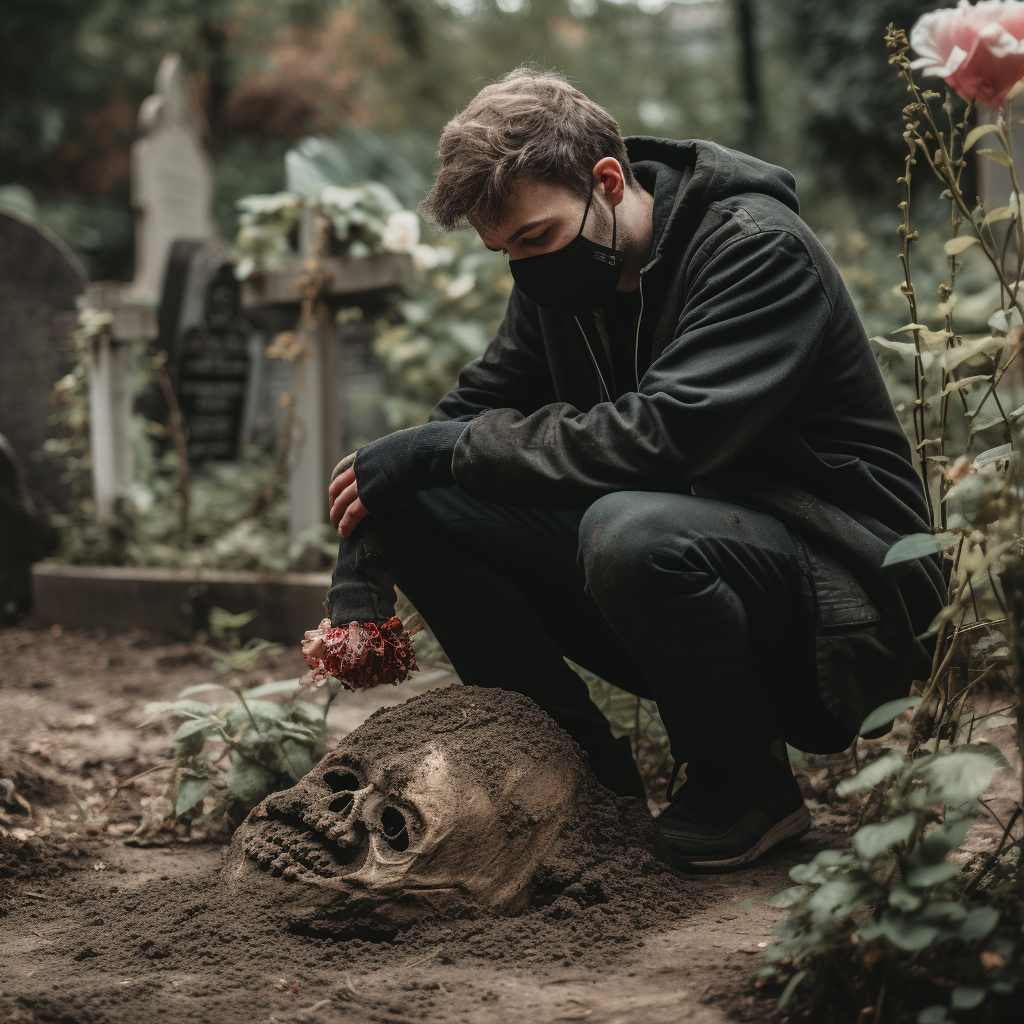 Man kneeling over grave wearing medical face mask