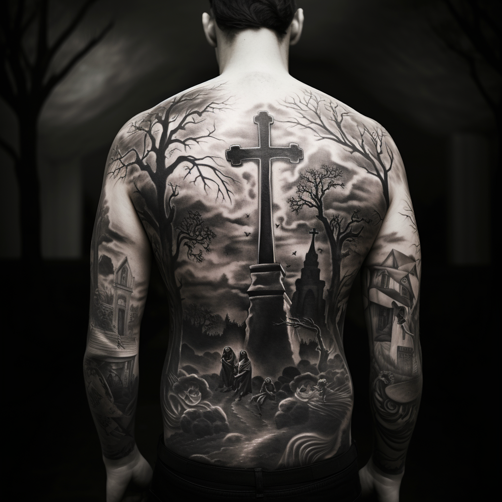 Black and white graveyard tattoo