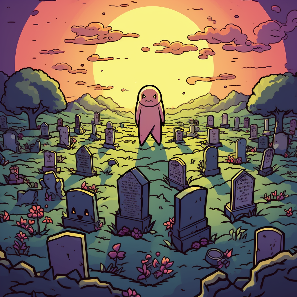 Pixelated Pokemon tombstone sprites in graveyard