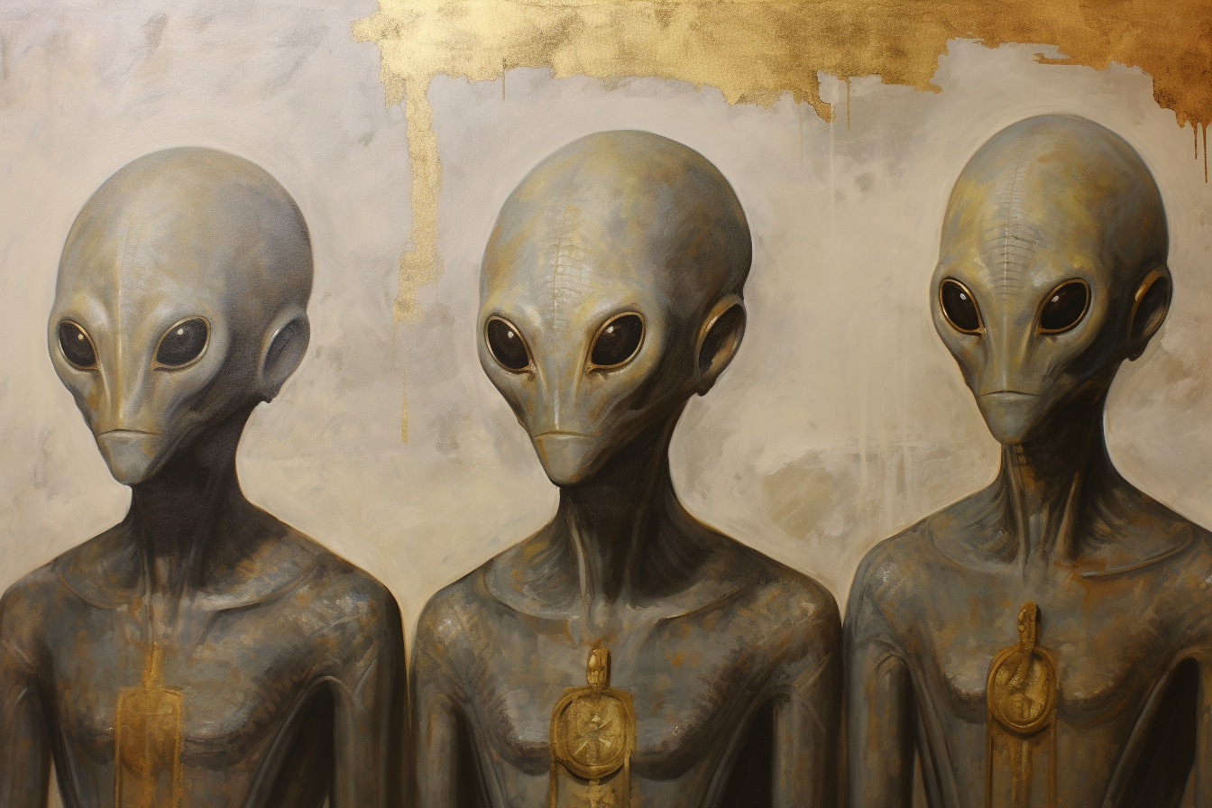 Grey aliens in Byzantine icon with golden background