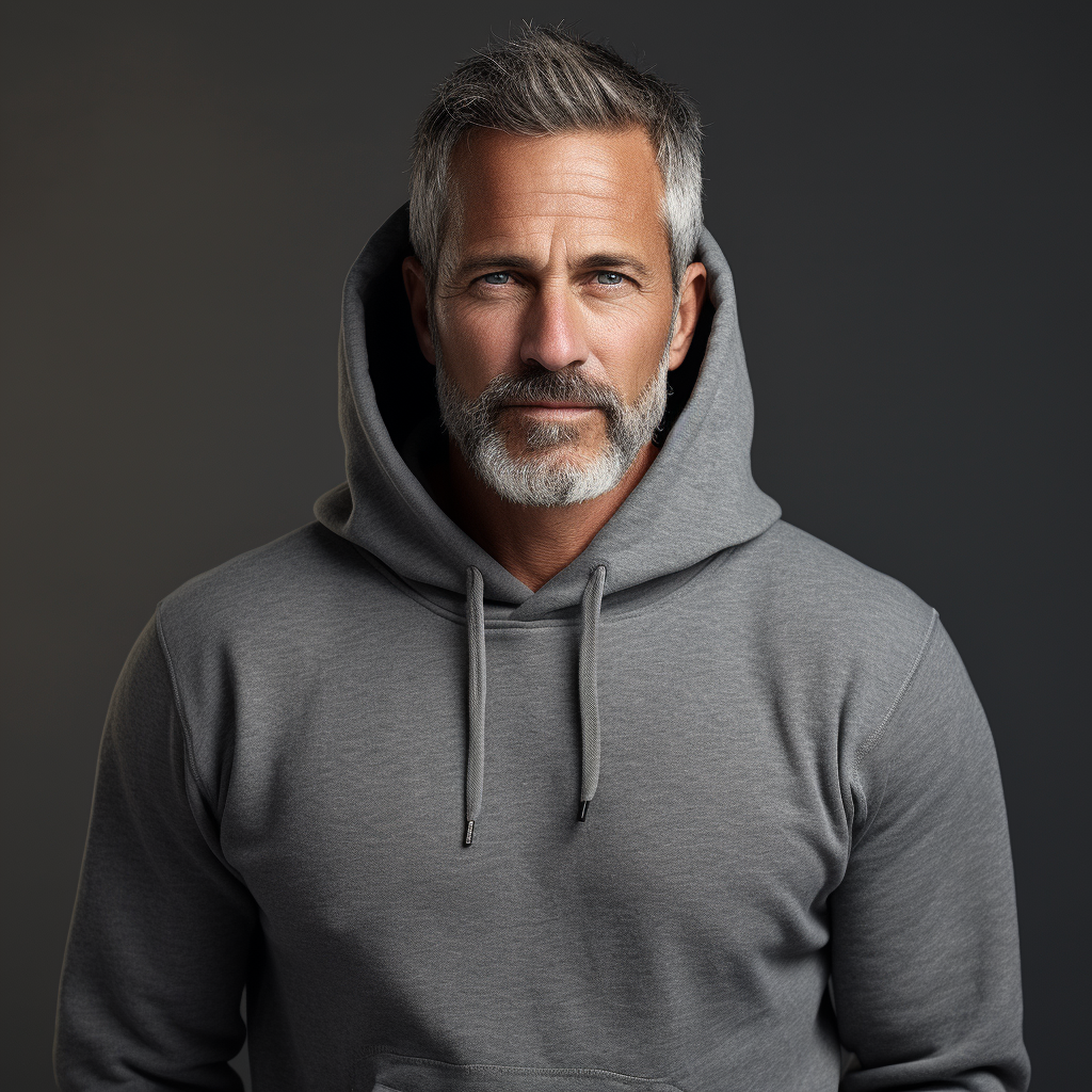 Mature Male Model in Gray Hoodie