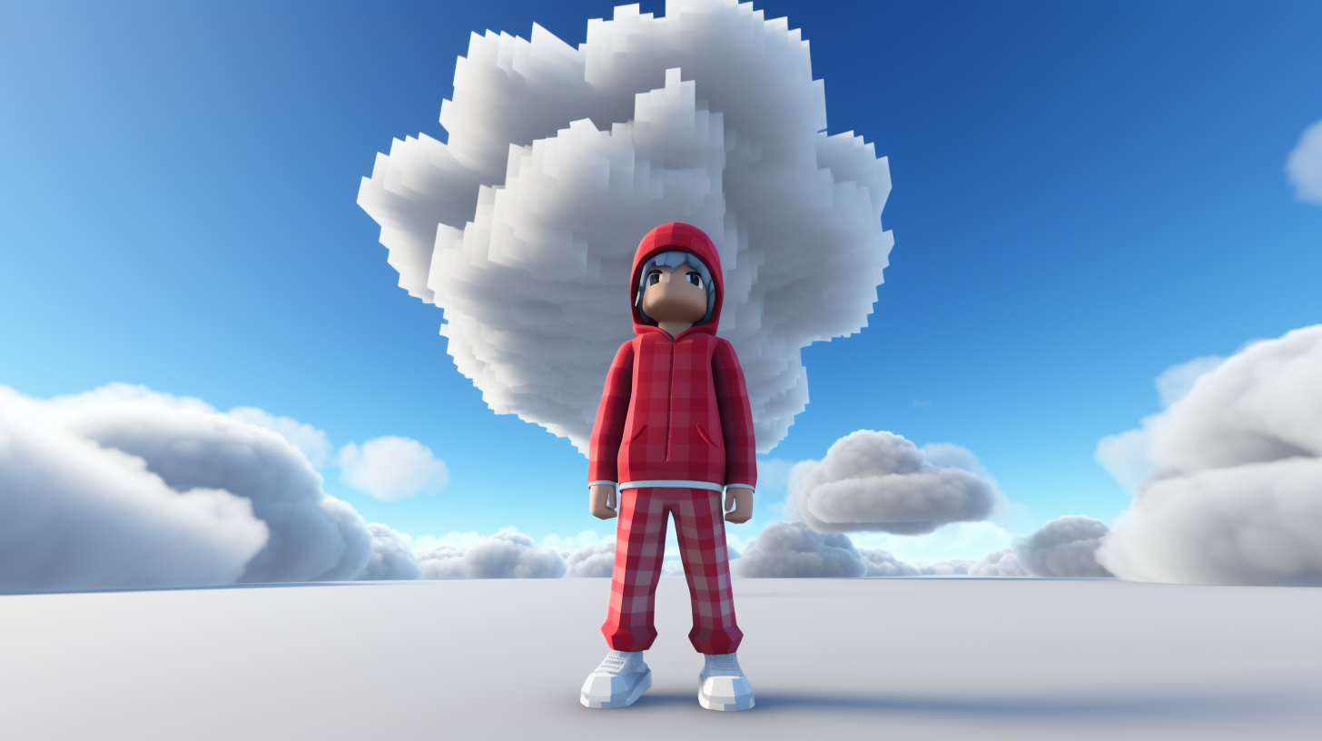 Gray clouds in front of red Roblox character