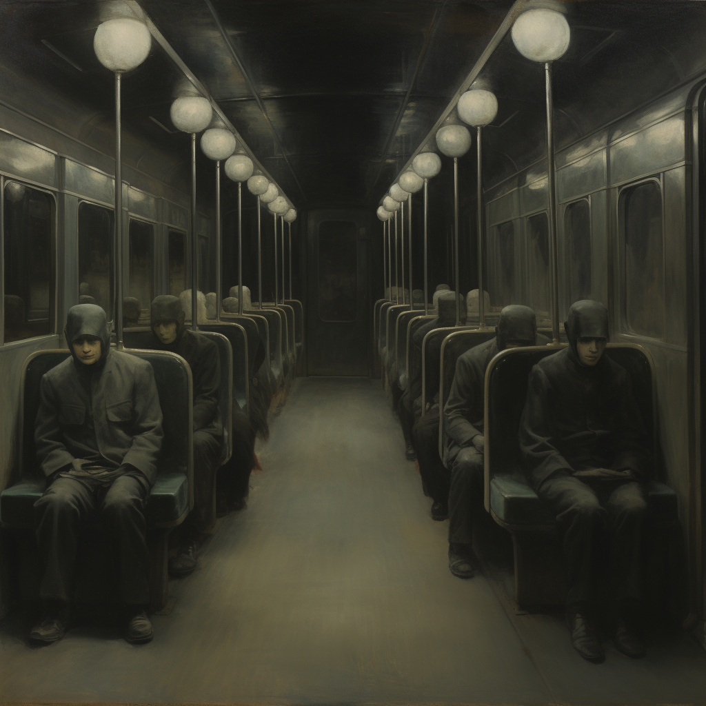 Densely seated gray figures in a midnight tram