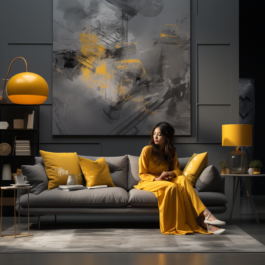 Stylish gray and gold themed living room with person