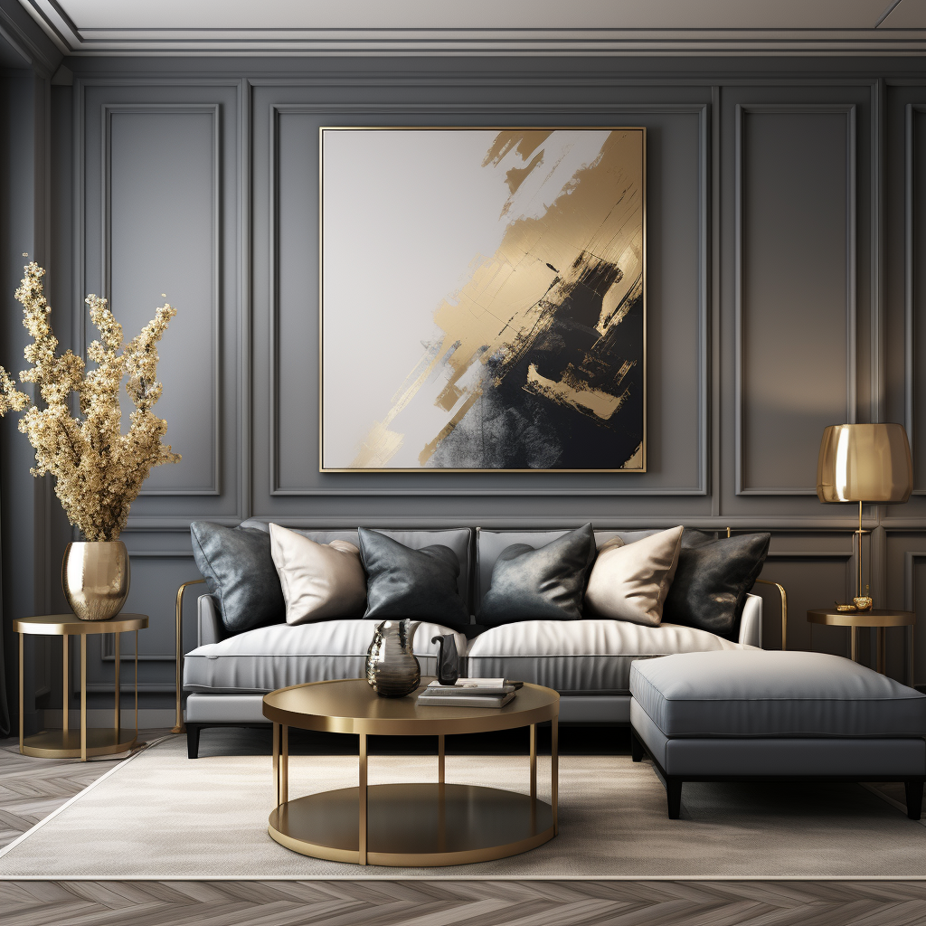 Gray and gold living room with decorations and TV