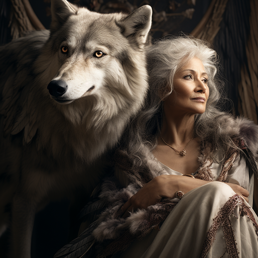 Gray Haired Lady Regal Wolf Wings