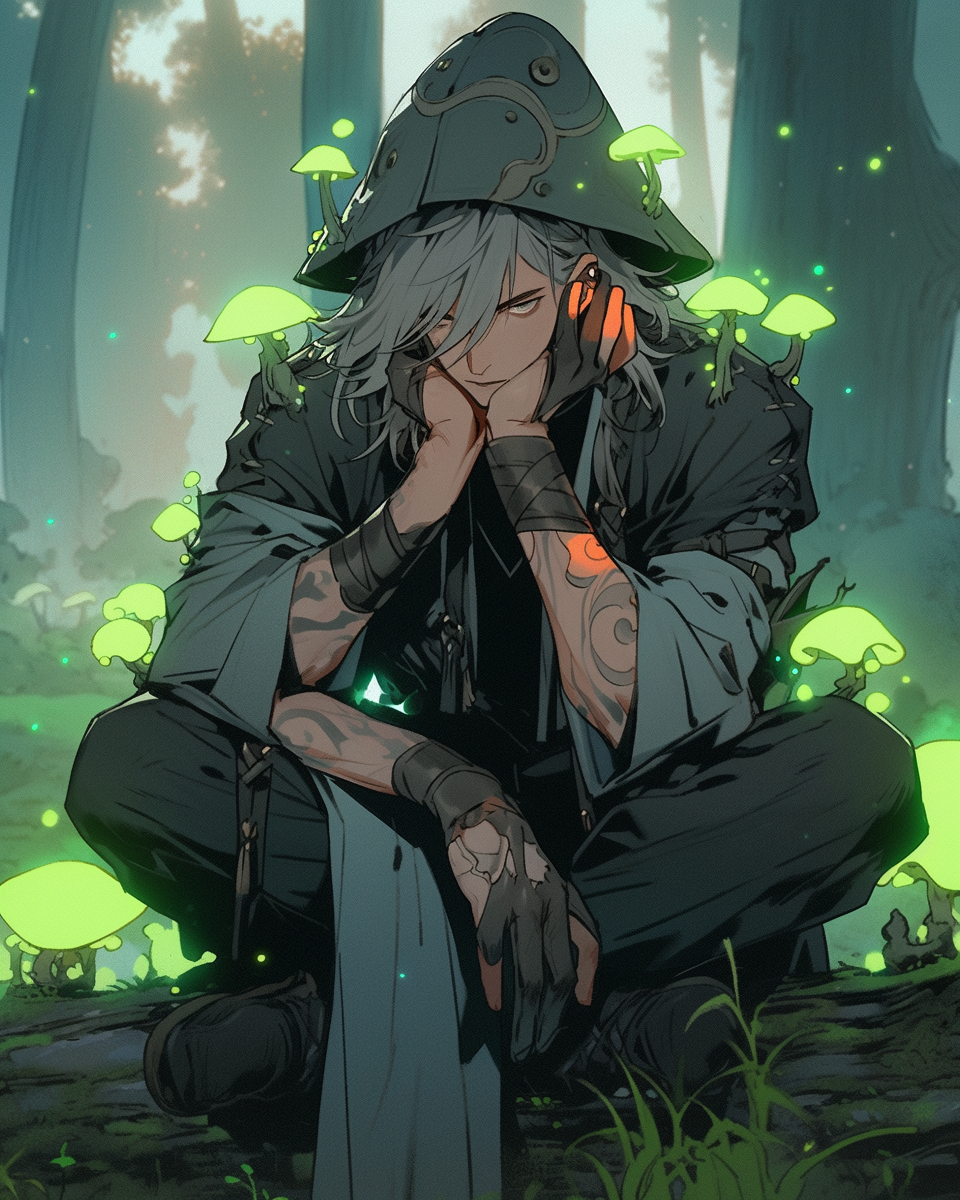 Male witch sitting on mossy stone in misty forest