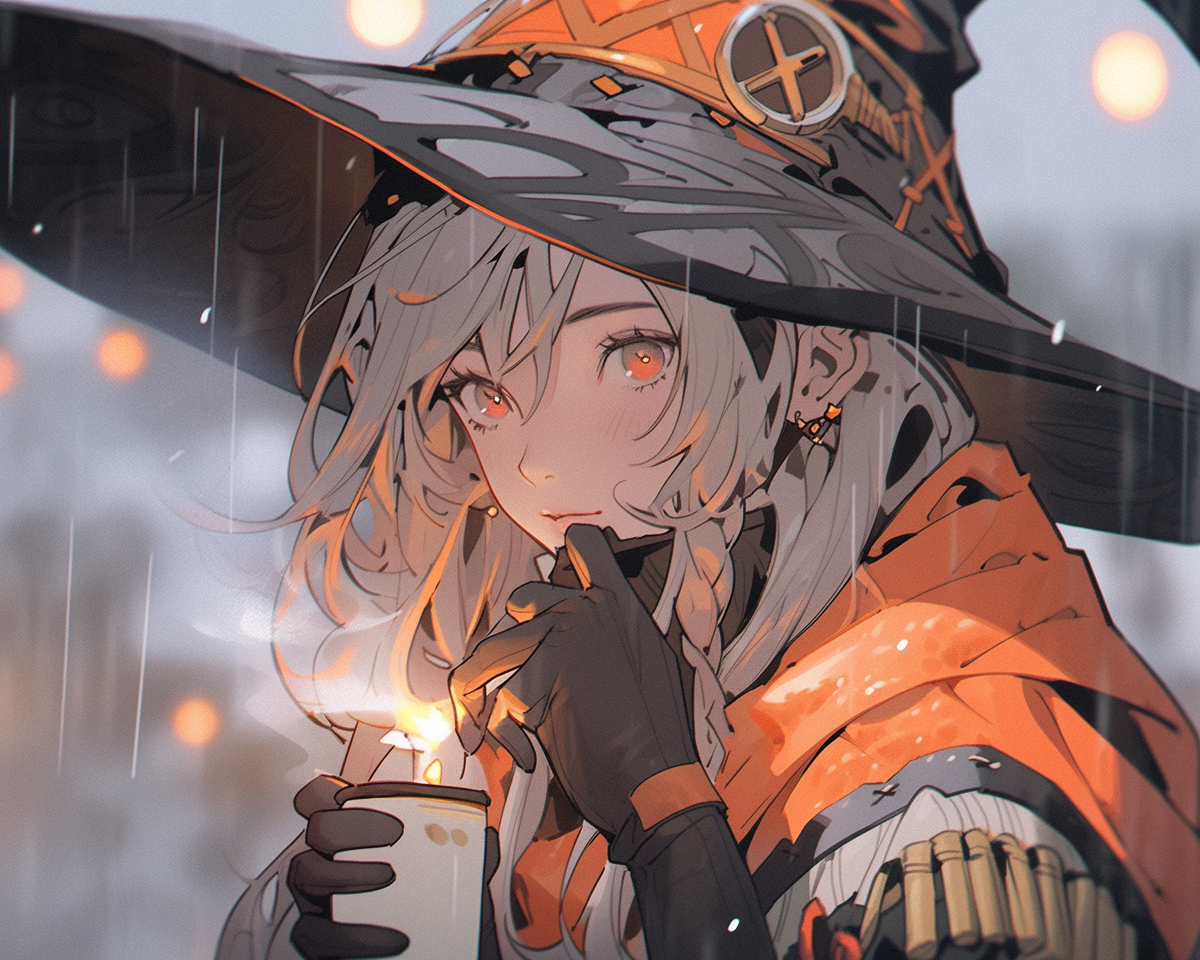 Gray haired witch with glowing ginger tea smoke