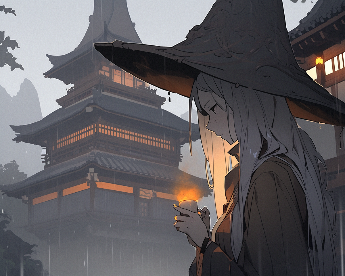 Gray-haired witch with glowing ginger tea