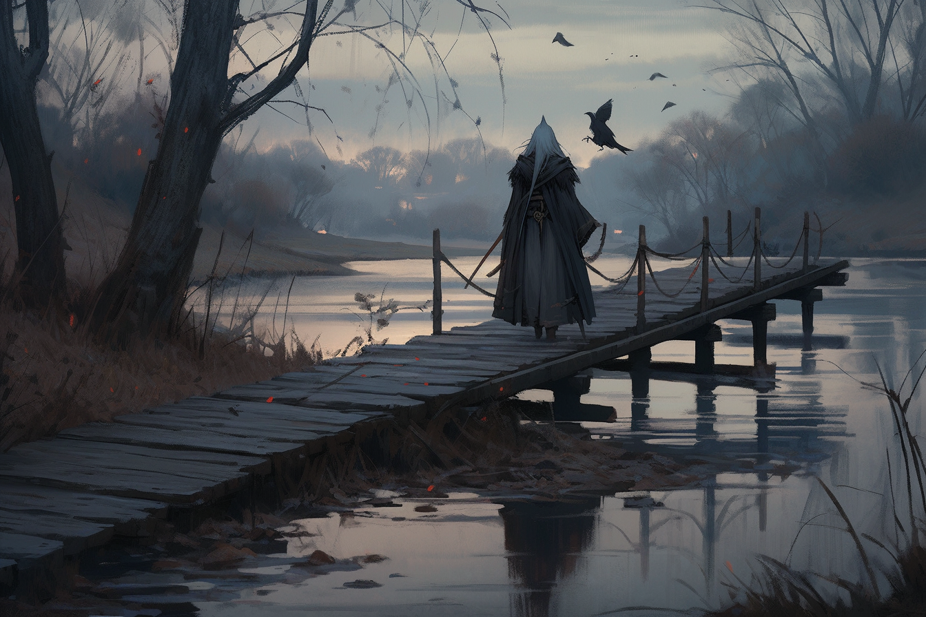 Ghostly gray-haired witch on weathered bridge