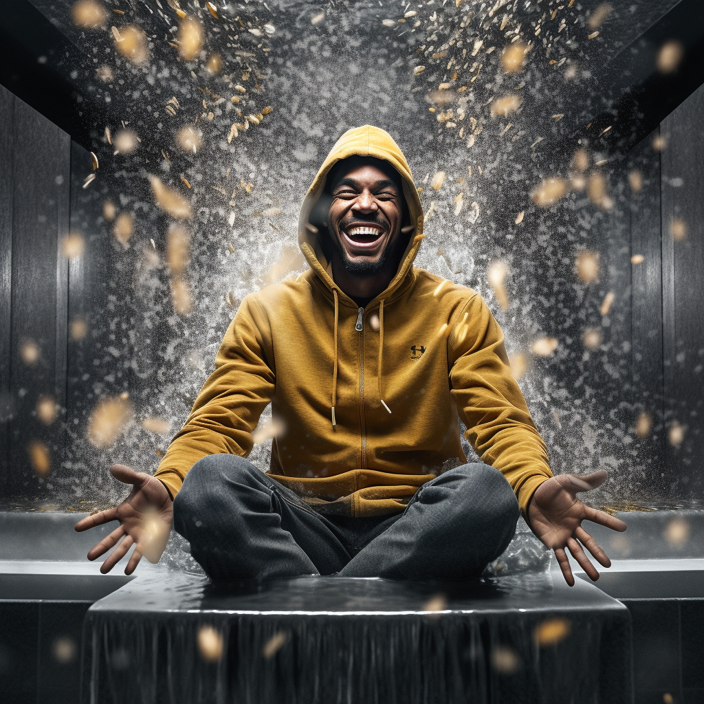 Happy man in gray hoodie in jacuzzi