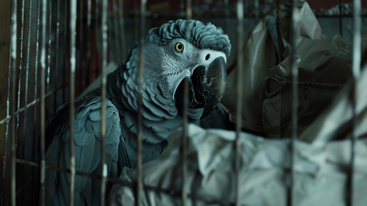 Gray Macaw in Covered Cage