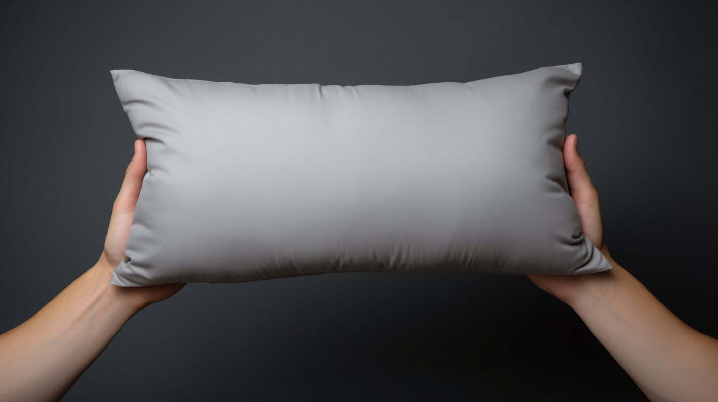 Close-up of hands holding a gray pillow