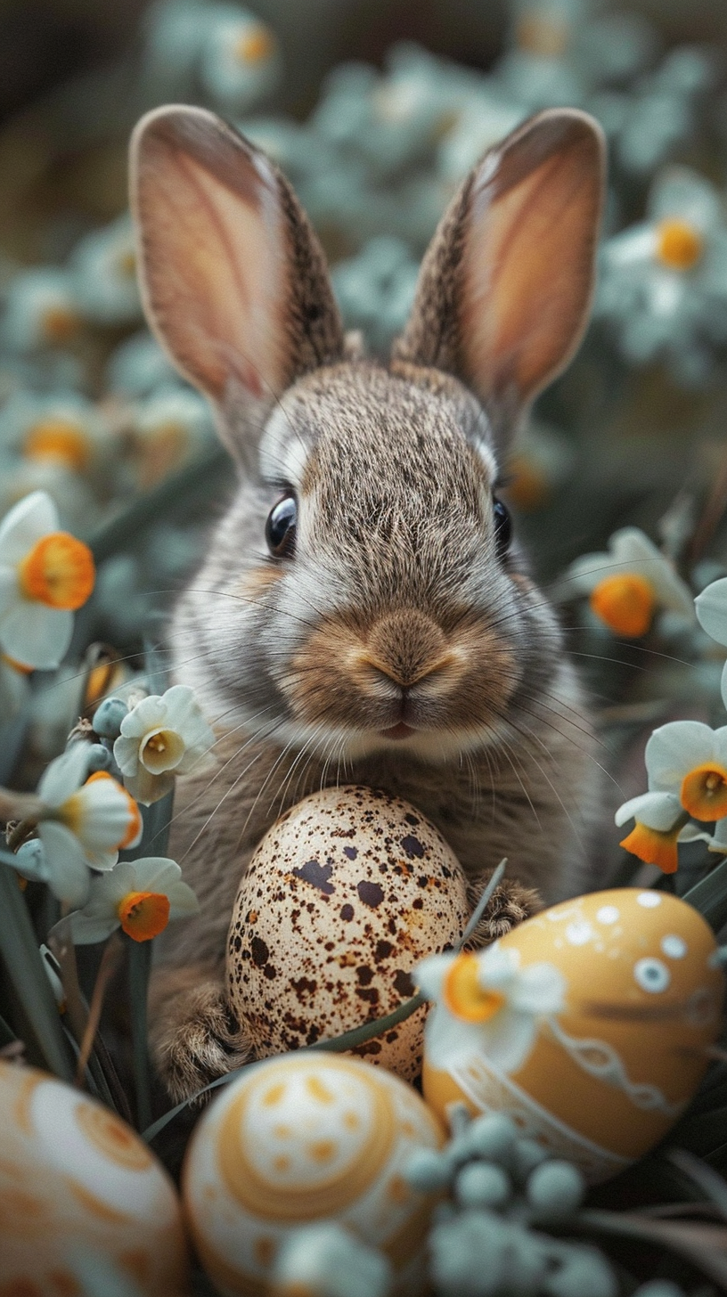 Gray rabbit peeks from Easter eggs and flowers