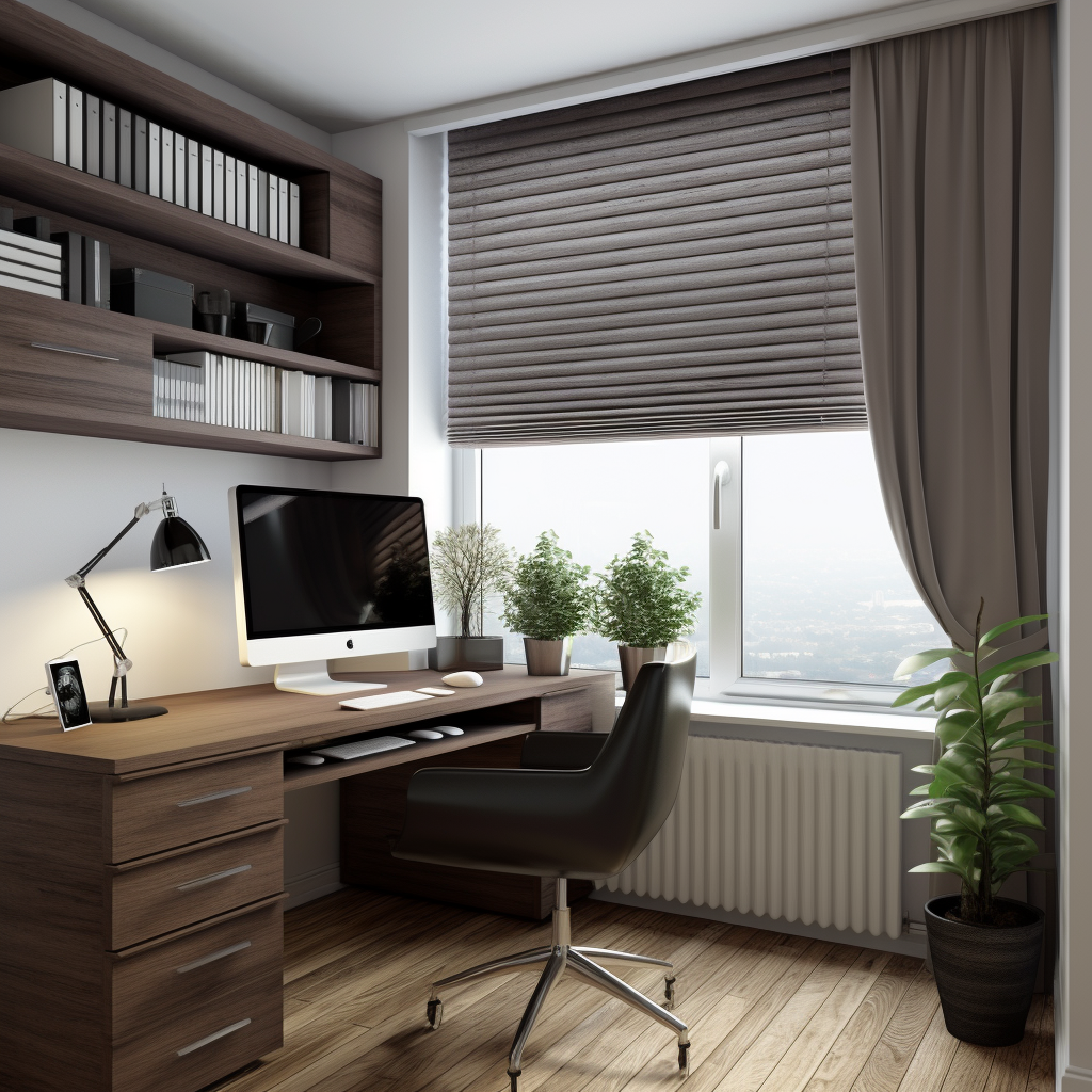 Modern office with dark brown furniture and plants