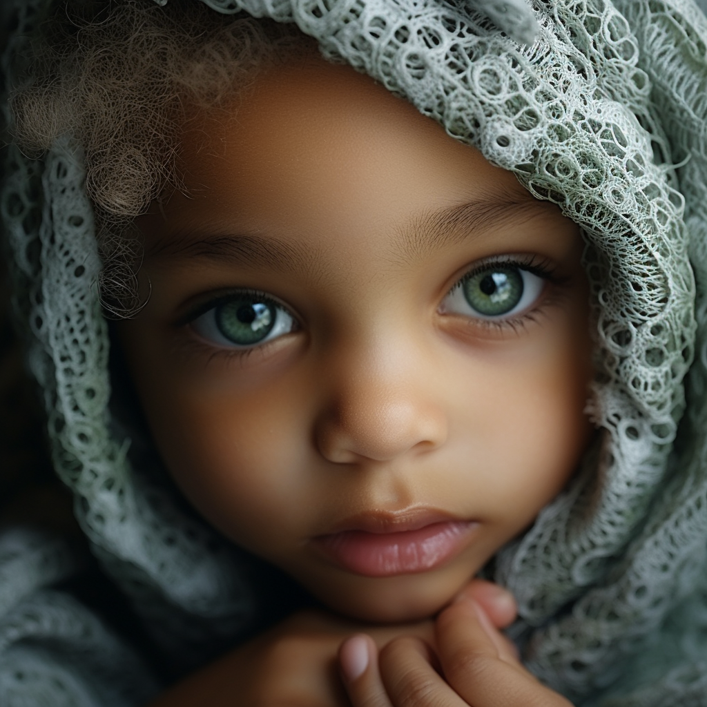 Cute baby with gray skin and mesmerizing green eyes