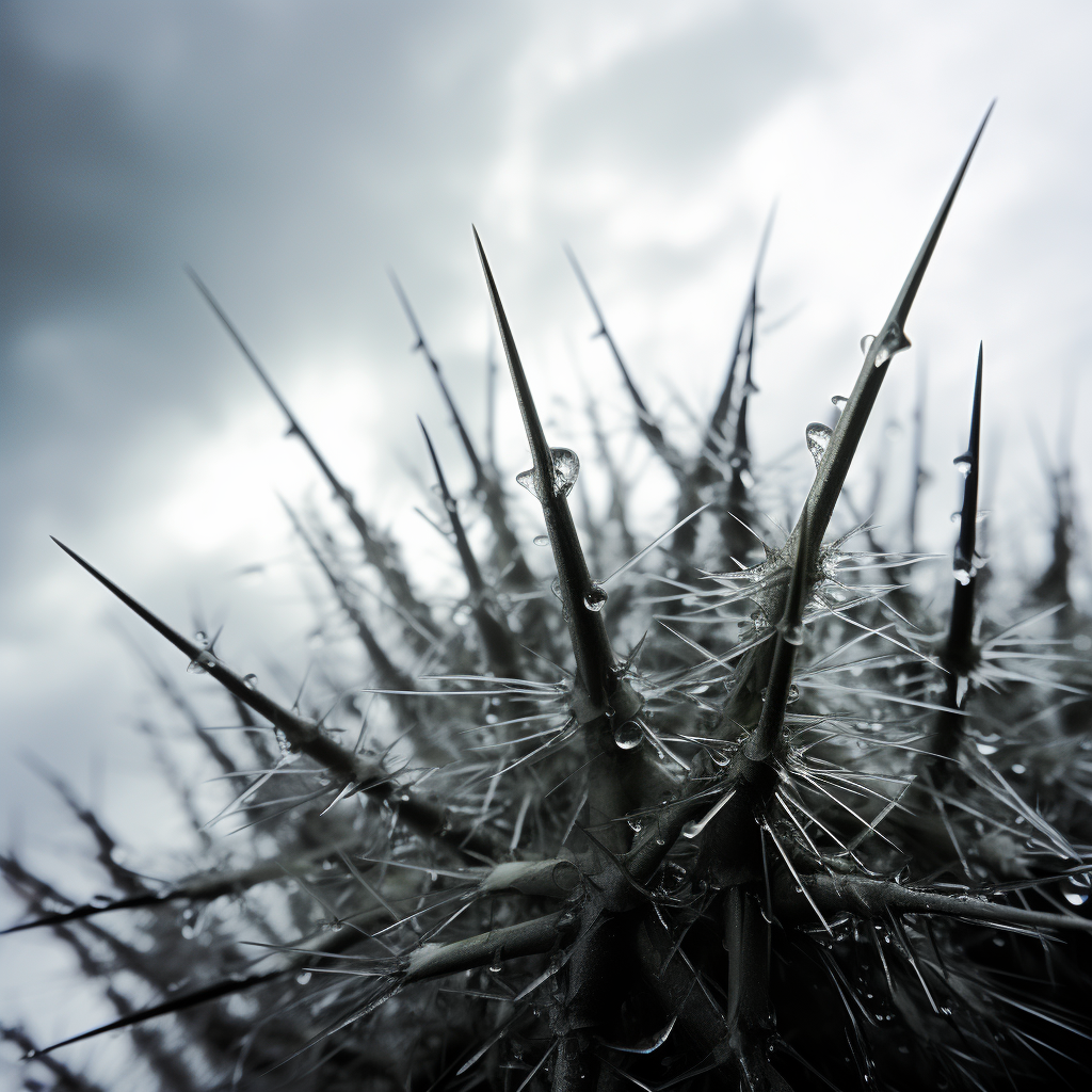 Spikes raining from a gray sky