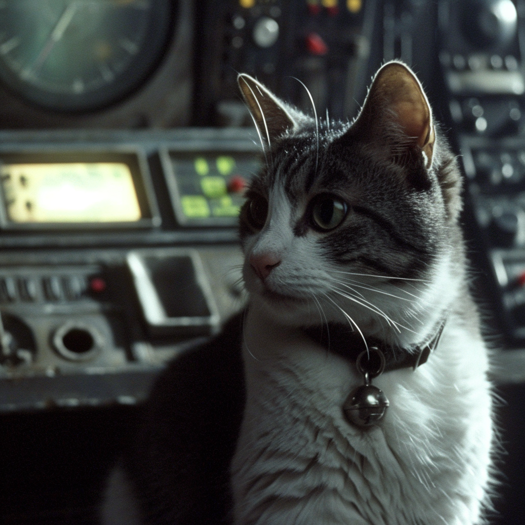 Gray and white cat in 1980s sci-fi film