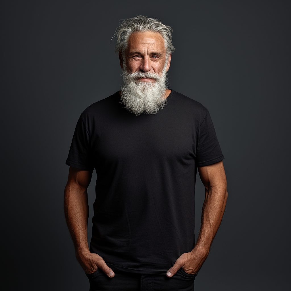 Gray bearded gentleman wearing blank black t-shirt mockup