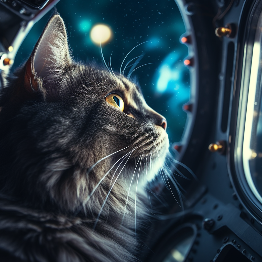 Gray cat in spaceship looking out