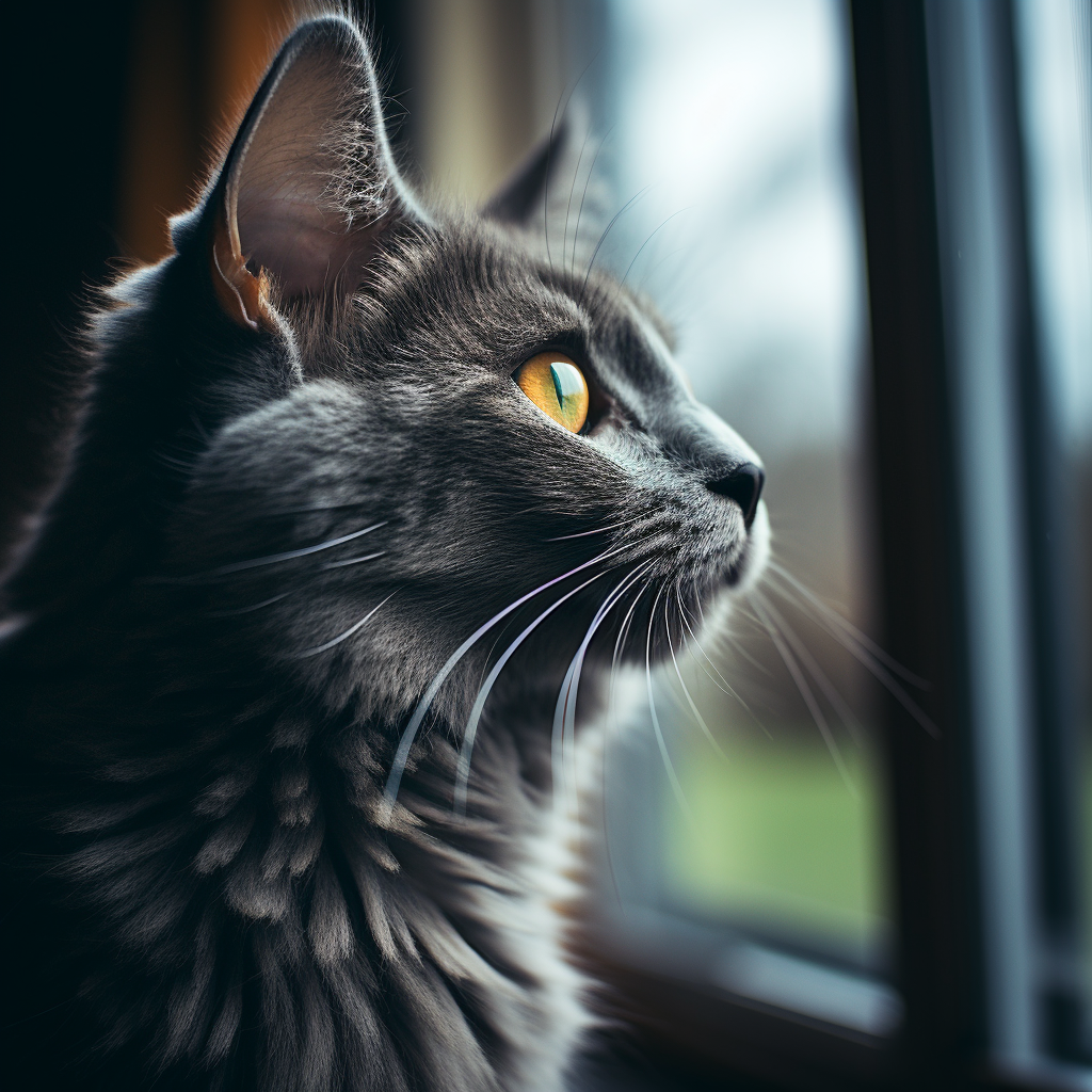 Gray cat looking out window