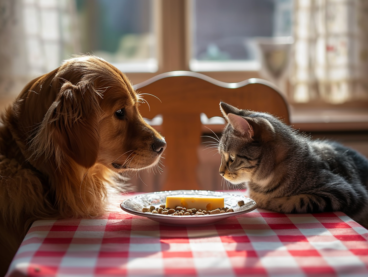 Grayscale cat and Hovawart eating on kitchen table