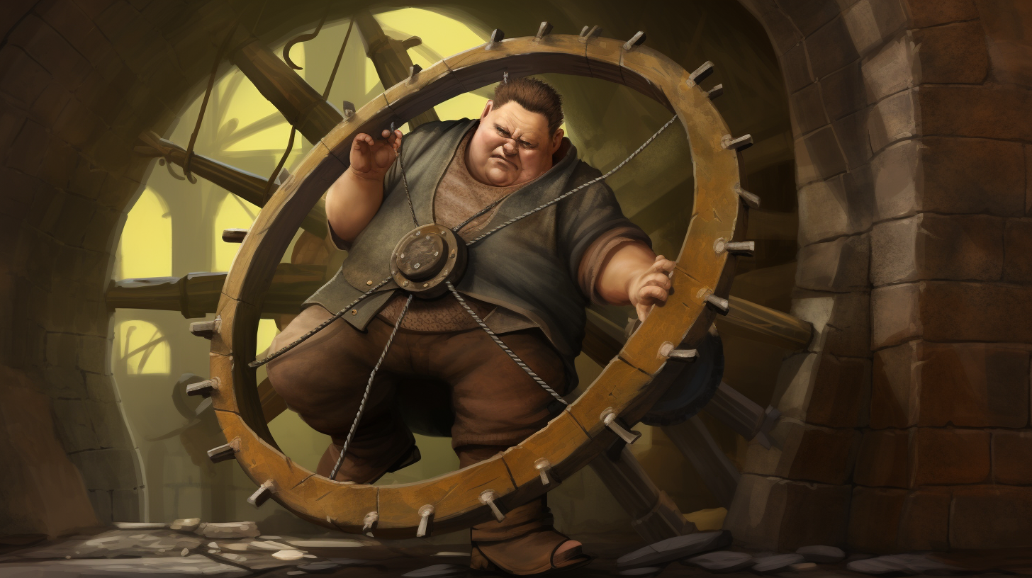 Greasy overweight medieval halfling handling trainwheel