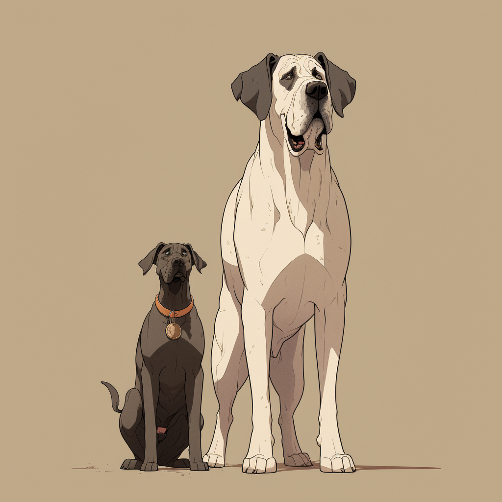 Two playful dogs, one Great Dane and one Boxer, in Studio Ghibli style