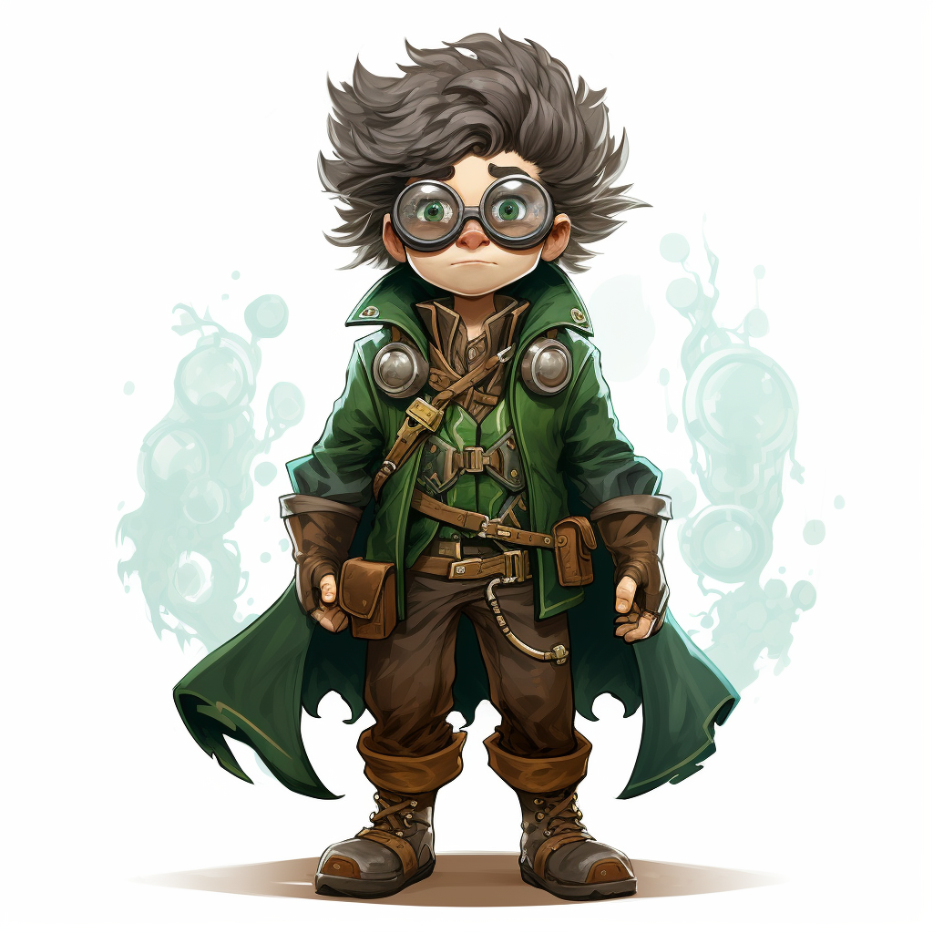 Childlike short wizard with brown beard and green steam punk goggles