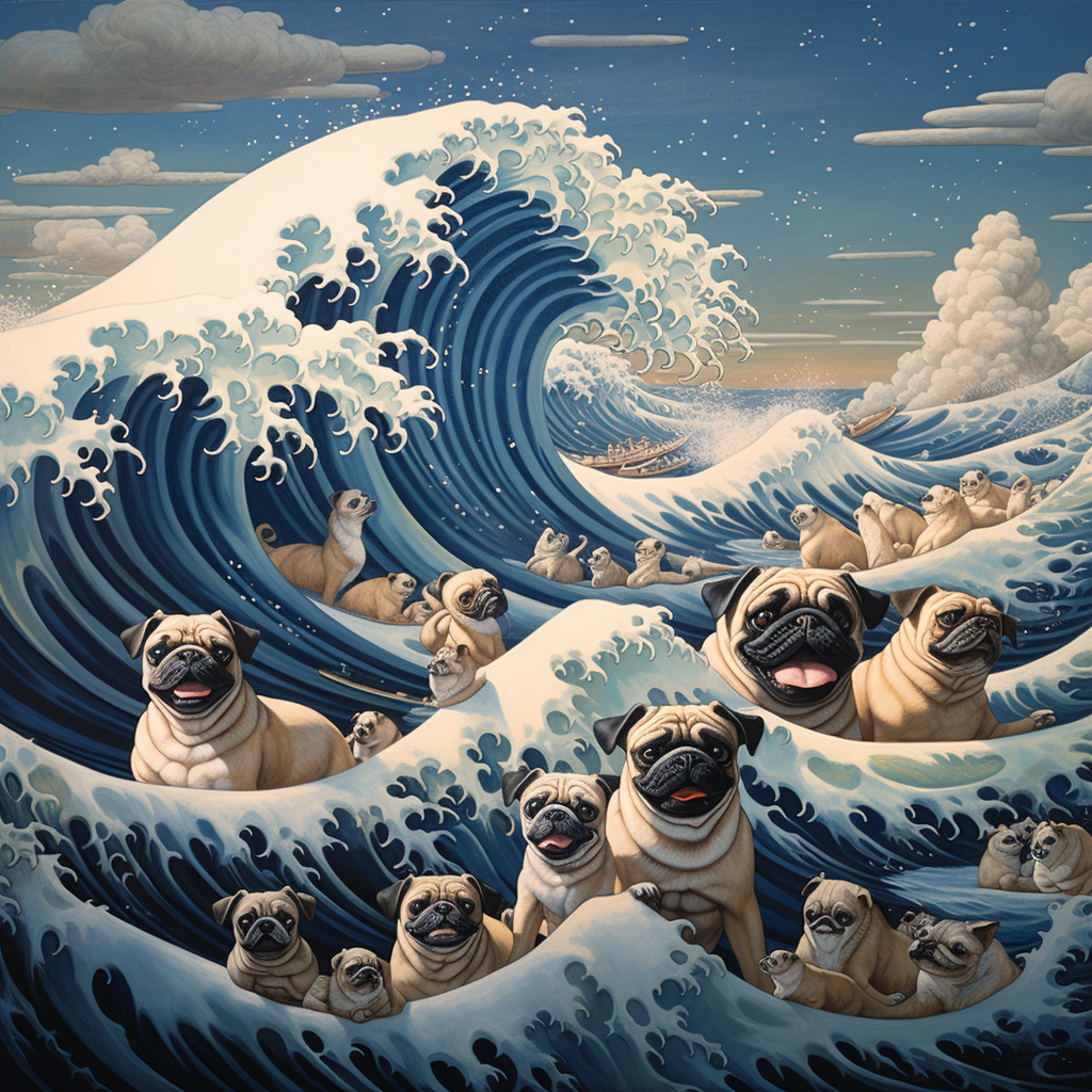 Adorable pugs riding a wave