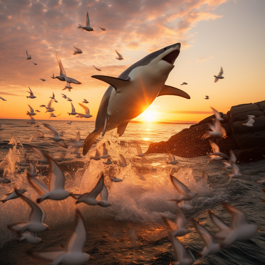 Majestic great white shark leaping out of the ocean