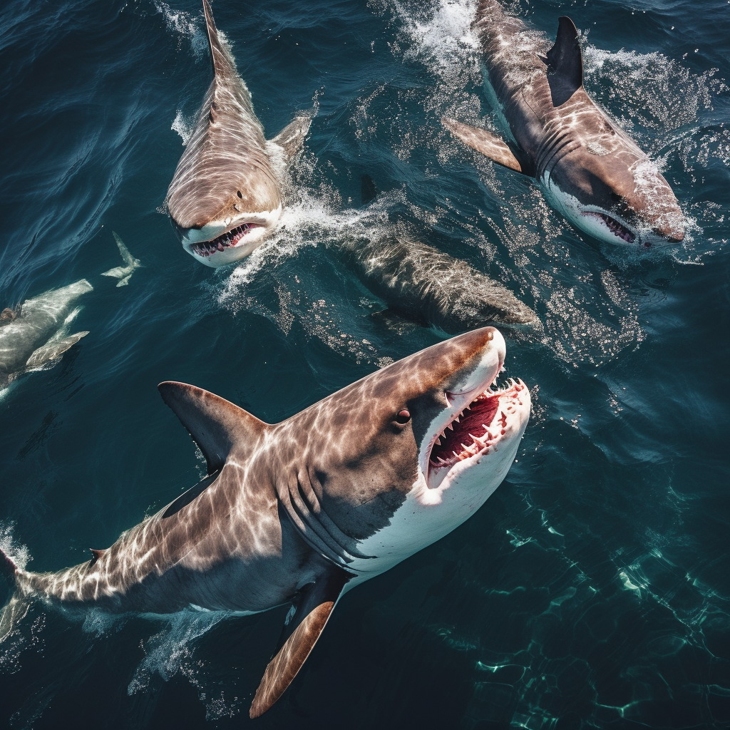 Majestic great white sharks swimming in the ocean