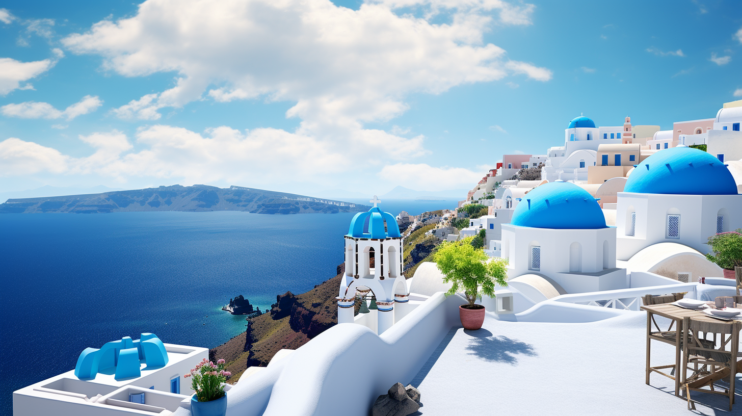 Iconic Blue-Domed Churches in Grecian Landscape