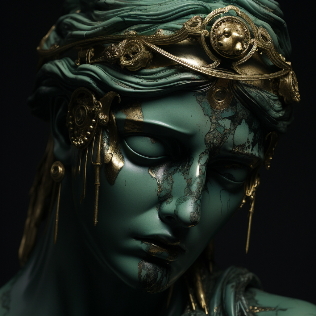 Statue of Fortuna with luminous green eyes